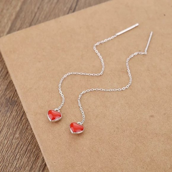 Jewelry - 14k Gold Heart Chain Threader Earrings Sterling Silver